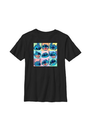 Sort t-shirt med et gitter af ni farverige firkanter, der viser Stitches blå tegneserieansigt, som udtrykker forskellige følelser.