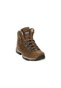 Brauner Wanderschuh aus Leder und synthetischen Materialien, mit einer Schnürdesign, strukturierten Oberflächen und schwarzer Gummisohle für Traktion.