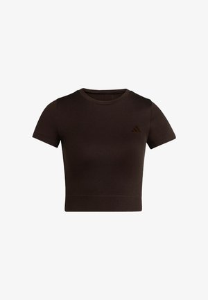 Maglietta da allenamento corta a maniche corte di colore marrone scuro con un logo sottile sul petto a sinistra su sfondo bianco.