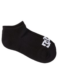 Schwarze Knöchelsocken mit weißer Schrift. Aus weichem, dehnbarem Stoff gefertigt, mit einem bequemen Bündchen und einer glatten Textur.