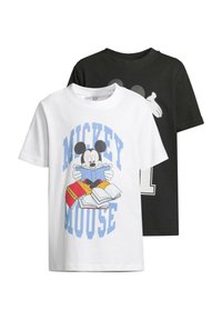 Dvě bavlněná trička; jedno bílé s barevným grafikou Mickey Mouse, druhé černé s decentním obrysem myši a číslem 1.