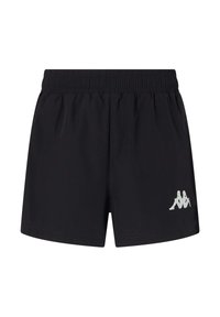 Pantaloni corti sportivi neri con vita elastica, realizzati in materiale leggero, con un piccolo logo Kappa bianco sul lato sinistro.
