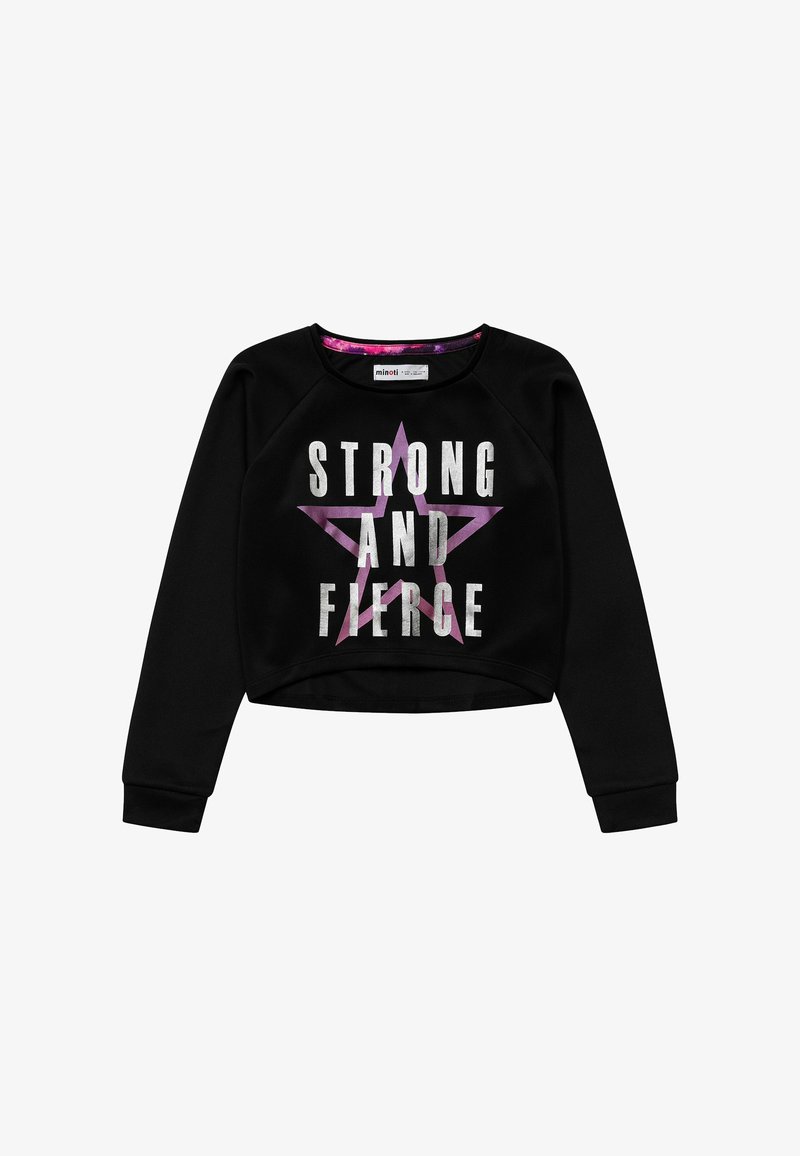 Black cropped sweatshirt with raglan sleeves, featuring silver and purple "STRONG AND FIERCE" text and a star graphic. Textured fabric.