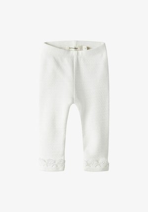 White cotton leggings with a textured pattern and lace accents at the hem. The waistband is elastic for comfort and ease of wear.