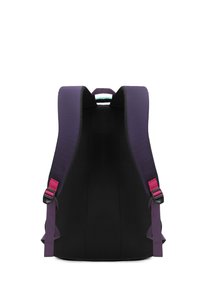 Zaino con esterno viola, pannello posteriore in rete nera e spallacci regolabili rosa. Include un manico superiore per il trasporto.