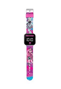 Orologio digitale con quadrante quadrato nero che mostra l'ora. Il cinturino presenta colorati personaggi di Monster High su uno sfondo rosa con una finitura lucida.
