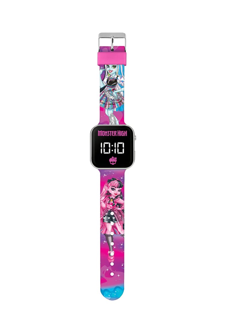 Orologio digitale con quadrante quadrato nero che mostra l'ora. Il cinturino presenta colorati personaggi di Monster High su uno sfondo rosa con una finitura lucida.