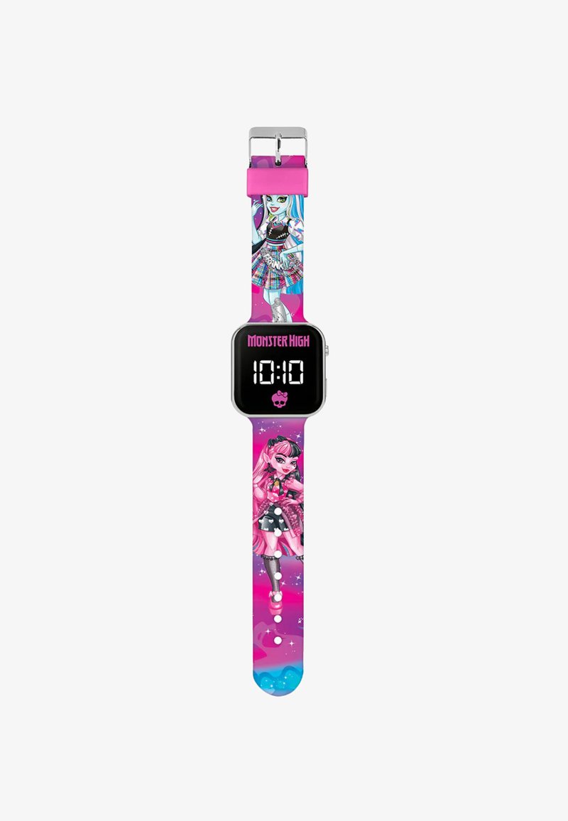 Orologio digitale con quadrante quadrato nero che mostra l'ora. Il cinturino presenta colorati personaggi di Monster High su uno sfondo rosa con una finitura lucida.