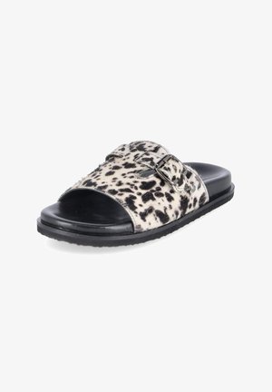 Open-toe slide sandal with black and white spotted fur strap and adjustable metal buckle on black sole.
