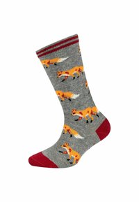 Grau Socken mit einem wiederholten Fuchs-Muster in Orange und Weiß, mit einem rot-grauen gestreiften Bündchen sowie roten Zehen- und Fersenakzenten.