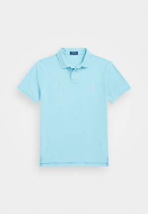 Hellblaues Polo Ralph Lauren Kurzarmhemd mit Kragen, zweiknöpfiger Knopfleiste und kleinem gesticktem Logo auf der linken Brust.