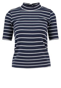 Granatowa bluzka z krótkim rękawem w białe poziome paski, z wysokim dekoltem i miękkim, elastycznym materiałem. Prosty, dopasowany krój.