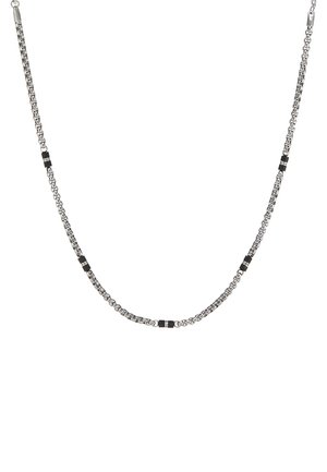 Silberne Kettenhalskette mit abwechselnden Abschnitten aus matten schwarzen Akzenten. Sie verfügt über eine glatte, polierte Oberfläche und ein leichtes Design.