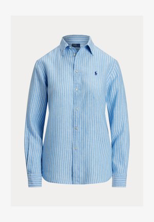Jasnoniebieska, długorękawowa koszula na guziki z białymi pionowymi paskami oraz małym, ciemnoniebieskim haftowanym logo na lewej piersi.