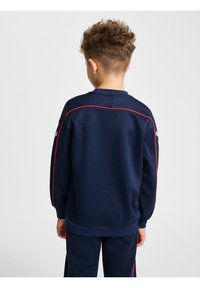 Mörkblå sweatshirt med röda detaljer och vita ränder på sidorna. Har en rundad hals och ribbade ärmslut, tillverkad av slät tyg.