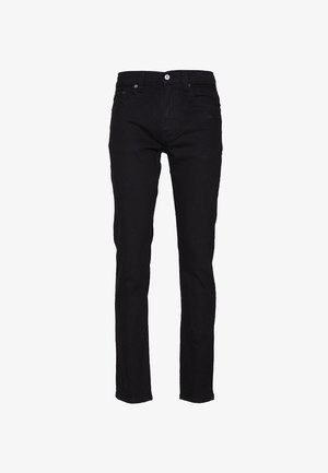 Czarne dżinsy z denimu o wąskim kroju, z pięcioma kieszeniami i zapięciem na guziki. Tkanina jest gładka z minimalnym wyblaknięciem, co zapewnia klasyczny wygląd.