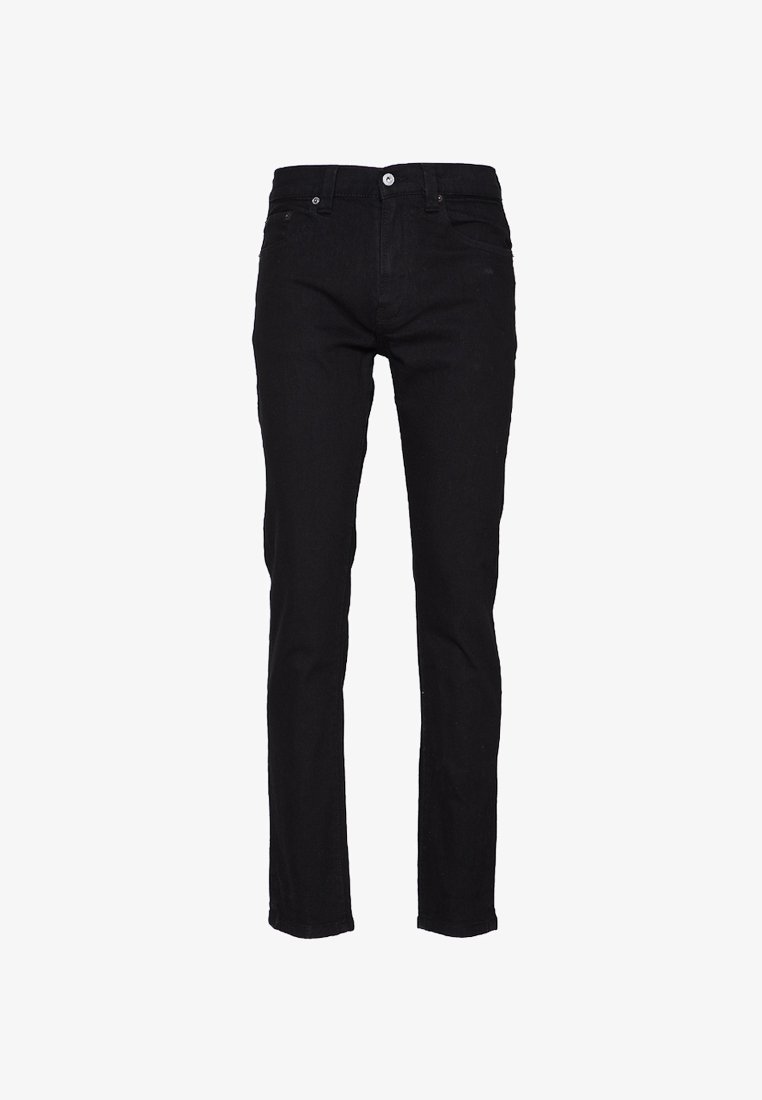 Vaqueros de mezclilla negra con corte ajustado, diseño de cinco bolsillos y cierre de botones. La tela es lisa con un desgaste mínimo, ofreciendo un aspecto clásico.