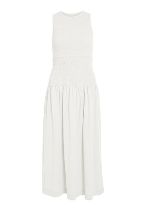 Λευκό μίντι φόρεμα χωρίς μανίκια με κορσάζ με σφηκοφωλιά και φούστα με πιέτες, με στρογγυλή λαιμόκοψη και χαλαρή εφαρμογή.