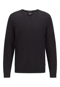 Černý svetr s výstřihem do V vyrobený z měkké pleteniny, s dlouhými rukávy a žebrovanými manžetami a lemováním. Jednoduchý design bez vzorů nebo akcentů.