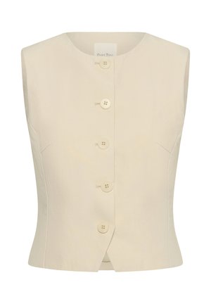 Vestă bej fără mâneci, cu cinci nasturi bej pe partea din față și decolteu rotund, croială ajustată cu cusături laterale discrete.