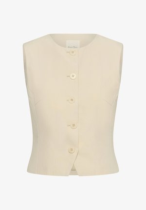 Bezrukávová béžová vesta s piatimi béžovými gombíkmi vpredu a okrúhlym výstrihom, s priliehavým strihom a jemnými bočnými švami.