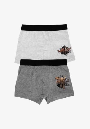 Two pairs of boxer shorts: one gray with a dinosaur graphic, the other light gray with a dog graphic, both featuring black waistbands.