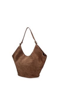Borsa hobo in suede marrone con ampia apertura, corpo semi-strutturato e manici annodati. Texture liscia e design minimalista.
