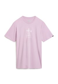 T-shirt rose clair à manches courtes en coton, avec un dessin graphique blanc représentant un personnage de dessin animé à l'avant.