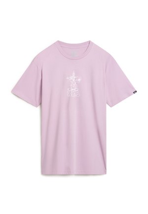 T-shirt en coton lilas avec un design graphique comprenant un crâne, un personnage de dessin animé et du texte au dos. Manches courtes et coupe décontractée.