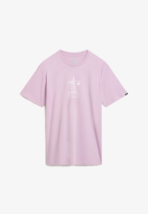 T-shirt en coton lilas avec un design graphique comprenant un crâne, un personnage de dessin animé et du texte au dos. Manches courtes et coupe décontractée.