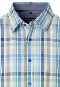 Heren geruite shirt met blauwe, groene, gele en witte checks, blauwe knopen en een opgerolde kraag.