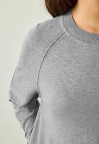 Grå sweatshirt med rund halsringning, ribbad krage och raglanärmar. Mjuk textur med en jämn och slät yta.