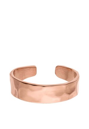 Wide hammered rose gold metal cuff bracelet with open adjustable ends and smooth, reflective surface.