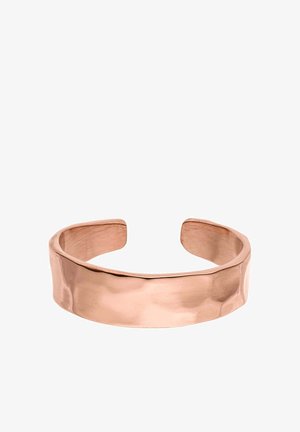 Wide hammered rose gold metal cuff bracelet with open adjustable ends and smooth, reflective surface.