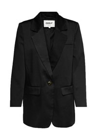 Blazer noir avec une finition satinée, fermeture à un bouton, revers crantés et deux poches avant. Coupe ajustée avec une texture lisse.