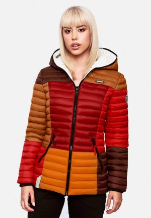 Padded jacket featuring color blocks of red, brown, and orange, with a front zipper, hood, and two side pockets. Smooth texture.