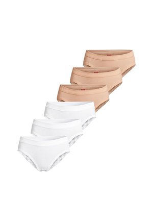 Three beige and three white seamless women's briefs arranged in two diagonal rows on a white background.