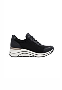 Schwarze Sneaker mit einem strukturierten Stoff-Obermaterial und Lederakzenten. Verfügt über eine dicke, weiße, geschichtete Sohle mit schwarzen Streifen und einer runden Zehe.
