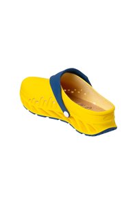 Yellow rubber clog with a navy blue strap, featuring ventilation holes and a textured sole. Lightweight design with a smooth finish.
