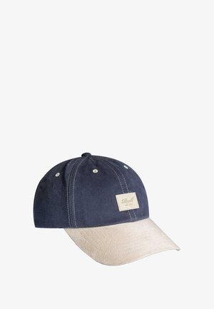 Navy blue cap with a light beige brim, made of soft fabric. Features a branded woven label on the front and ventilation holes.