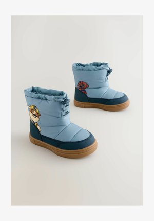 Blauwe gewatteerde winterlaarzen met een rubberen zool, voorzien van een karakterontwerp en een elastische trekkoord aan de bovenkant; textielstructuur en een gladde afwerking.