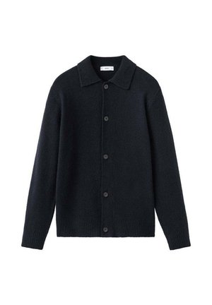 Cardigan de un azul marino oscuro, hecho de una suave tela de punto de suéter. Presenta un cuello extendido, cierre de botones y puños y dobladillo acanalados.