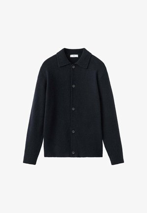 Donker marineblauwe cardigan van zachte breisel stof. Heeft een gespreide kraag, knoopsluiting en ribgebreide manchetten en zoom.