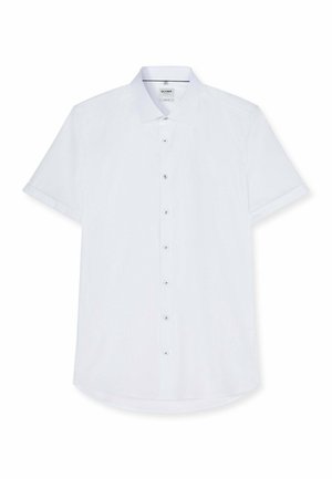 Camicia bianca a maniche corte con colletto classico, sette bottoni sul davanti e polsini delle maniche piegati.