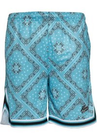 Sky blue swim shorts featuring a paisley pattern with black accents, elastic waistband, and side vents for comfort.
