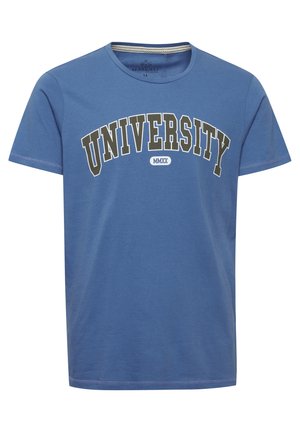 Blaues Baumwoll-T-Shirt mit kurzen Ärmeln und Rundhalsausschnitt. Mit dem Wort "UNIVERSITY" in fetten, kontrastierenden Grafiken über die Brust.
