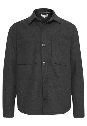 Camicia in flanella grigia scura con maniche lunghe, colletto a punta, due tasche sul petto e sei bottoni sul davanti. Tessuto morbido con leggere sfumature.