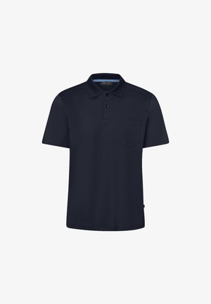 Dark navy polo shirt made of smooth fabric, featuring a two-button placket, a chest pocket, and short sleeves.