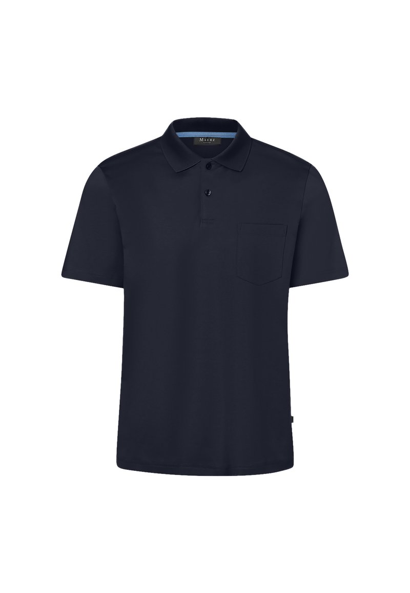 Mörk marinblå polo tröja i slät tyg, med en tvåknapps-knäppning, en bröstficka och korta ärmar.