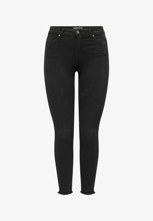 Jeans negros ajustados con una cintura alta, hechos de tela vaquera. Cuentan con un dobladillo deshilachado y un diseño estándar de cinco bolsillos con herrajes metálicos.